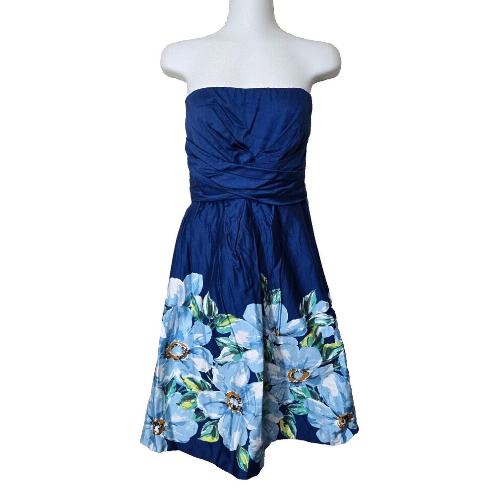Donna Ricco Dress Womens 10 Blue Floral Cotton Strapless Party Cocktail
